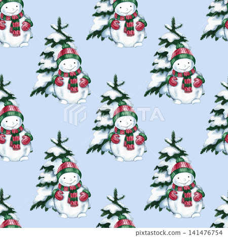 Seamless pattern of cute snowmen and Christmas trees. Hand-drawn watercolor illustration. On a blue background. Perfect for Christmas packaging, prints, textiles, wallpaper, tablecloths, and more. Seamless pattern of cute snowmen and Christmas trees. Hand-drawn watercolor illustration. On a blue background. Perfect for Christmas packaging, prints, textiles, wallpaper, tablecloths, and more. 141476754
