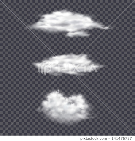 Realistic cloud isolated on a transparent background. Fluffy cloud with smooth, blurry edges and natural light. Realistic 3D vector cloud overlay effect 141476757