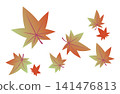 An illustration of autumn-colored maple leaves fluttering in the wind. 141476813