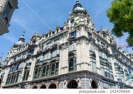 Classic Architecture of a Historic European Building with Ornate Facade and Balconies in Zurich, Switzerland Classic Architecture of a Historic European Building with Ornate Facade and Balconies in Zurich, Switzerland 141476844