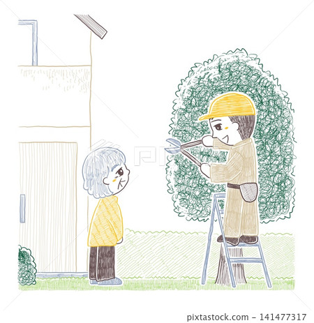 A senior woman is talking to a gardener who is pruning trees while standing on a ladder. A senior woman is talking to a gardener who is pruning trees while standing on a ladder. 141477317