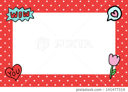 Red frame with heart, tulip flower, polka dot pattern for polaroid frame, social media, poster, postcard, rectangle ad template, book cover, sticky note, banner, notepads, floral, name tag, paper Red frame with heart, tulip flower, polka dot pattern for polaroid frame, social media, poster, postcard, rectangle ad template, book cover, sticky note, banner, notepads, floral, name tag, paper 141477319
