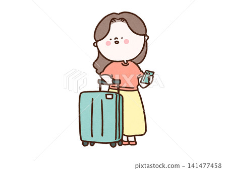 一位女士拿著智慧型手機和行李箱,緊張地環顧四周(旅行者,迷路了)。 一位女士拿著智慧型手機和行李箱,緊張地環顧四周(旅行者,迷路了)。 141477458