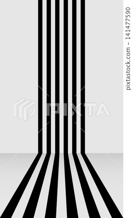 Abstract parallel lines extending upward from floor to wall, minimalist black and white background Abstract parallel lines extending upward from floor to wall, minimalist black and white background 141477590
