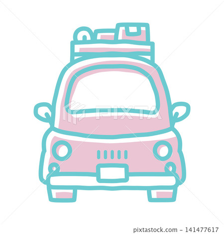 一輛粉紅色的汽車,車頂上裝滿了行李。 一輛粉紅色的汽車,車頂上裝滿了行李。 141477617