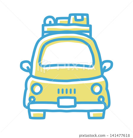 一輛黃色轎車,車頂上裝滿了行李。 一輛黃色轎車,車頂上裝滿了行李。 141477618