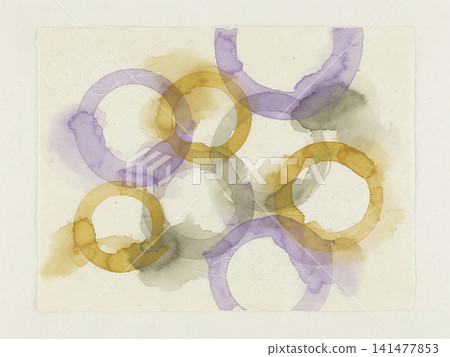 Geometric watercolor circles in wisteria and mustard yellow, with a cream-colored Japanese paper background featuring a hazy texture. Geometric watercolor circles in wisteria and mustard yellow, with a cream-colored Japanese paper background featuring a hazy texture. 141477853