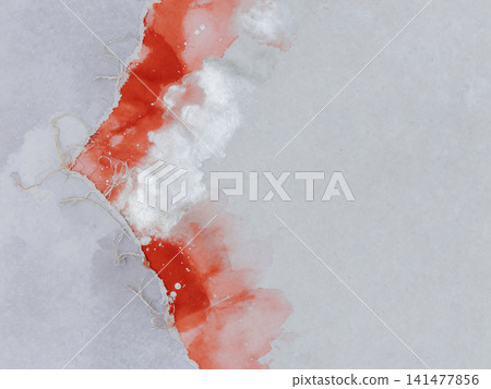 A modern background of torn Japanese paper with vermilion and platinum watercolors flowing across the left edge. 141477856