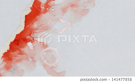 A modern background of torn Japanese paper with vermilion and platinum watercolors flowing across the left edge. A modern background of torn Japanese paper with vermilion and platinum watercolors flowing across the left edge. 141477858