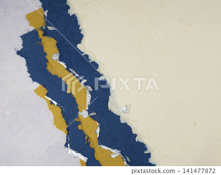 On the left side is a modern background featuring layers of torn Japanese paper in indigo and mustard yellow, along with silver leaf. On the left side is a modern background featuring layers of torn Japanese paper in indigo and mustard yellow, along with silver leaf. 141477872