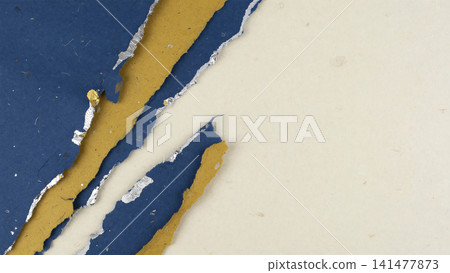 On the left side is a modern background featuring layers of torn Japanese paper in indigo and mustard yellow, along with silver leaf. On the left side is a modern background featuring layers of torn Japanese paper in indigo and mustard yellow, along with silver leaf. 141477873