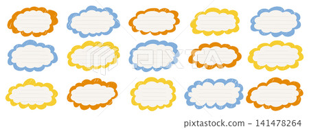 Crayon fluffy cloud frames. Rough wavy scribbles for promo badges. Childish sketchy label elements. 141478264