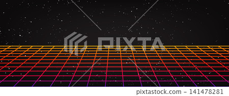 Retro perspective grid floor background with neon gradient wireframe. Futuristic 80s style. Cyber technology template for sci-fi banner and poster design. Retro perspective grid floor background with neon gradient wireframe. Futuristic 80s style. Cyber technology template for sci-fi banner and poster design. 141478281