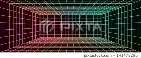 Neon perspective grid floor on black background with retro gradient wireframe. Futuristic 80s box bg. Cyber technology template. Neon perspective grid floor on black background with retro gradient wireframe. Futuristic 80s box bg. Cyber technology template. 141478286