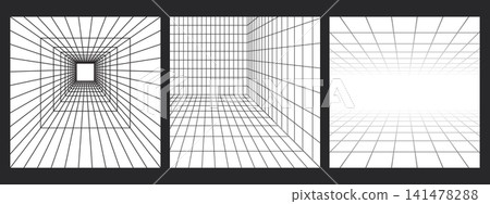 Perspective grid box set. Wireframe lines on dark background. Abstract 3D room bg in retro style. Perspective grid box set. Wireframe lines on dark background. Abstract 3D room bg in retro style. 141478288