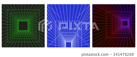 Neon perspective grid background. Futuristic 80s retro box bg with color lines. Cyber technology template. Neon perspective grid background. Futuristic 80s retro box bg with color lines. Cyber technology template. 141478289