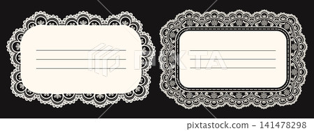 Scallop lace border cards template. Vintage rectangular frame with floral doily trim. Vector design for wedding label. Scallop lace border cards template. Vintage rectangular frame with floral doily trim. Vector design for wedding label. 141478298