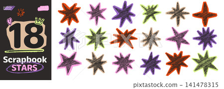 Hand drawn scrapbook star sticker set. Crayon doodle sparkle cutouts. Rough chalk scribble starburst elements with torn paper edges in collage style. 141478315