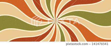 Retro pattern swirl background. Radial groovy starburst. Wavy line design with grunge texture. Psychedelic 70s bg. 141478341