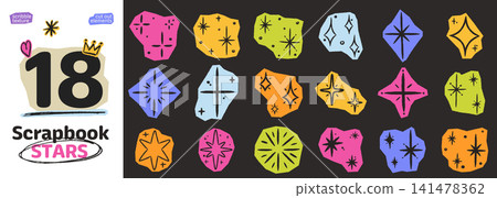 Hand drawn scrapbook star sticker collection with crayon texture. Doodle sparkle and asterisk cutouts. Rough chalk scribble starburst in playful collage style. Hand drawn scrapbook star sticker collection with crayon texture. Doodle sparkle and asterisk cutouts. Rough chalk scribble starburst in playful collage style. 141478362