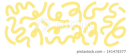 Abstract spiral noodle elements with curved spaghetti shapes and wavy pasta doodle lines. Yellow swirling ramen forms for Italian cuisine design. 141478377