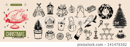 Whimsical Christmas doodle set. Hand drawn holiday turkey, tree, wreath and snow globe. Retro vintage elements in cute quirky sketch style. Whimsical Christmas doodle set. Hand drawn holiday turkey, tree, wreath and snow globe. Retro vintage elements in cute quirky sketch style. 141478382