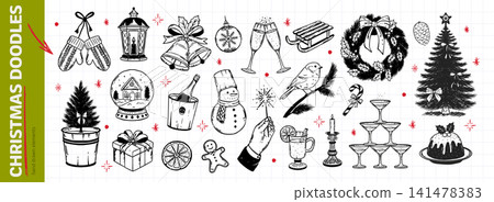 Retro whimsical Christmas doodle set. Hand drawn holiday tree, snow globe, bells, wreath, snowman, gingerbread man, champagne. Vintage elements in sketch style. Retro whimsical Christmas doodle set. Hand drawn holiday tree, snow globe, bells, wreath, snowman, gingerbread man, champagne. Vintage elements in sketch style. 141478383