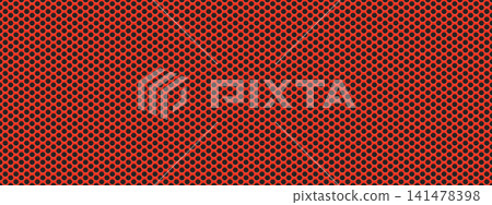 Red perforated metal seamless pattern with round black dots. Grill texture with circular holes. Pegboard bg. Red perforated metal seamless pattern with round black dots. Grill texture with circular holes. Pegboard bg. 141478398