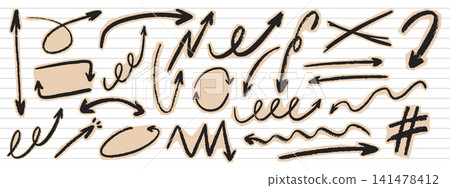 Scrapbook doodle arrow stickers with rough crayon scribble texture. Hand drawn curved and straight pointers in retro collage style. Playful sketch elements. Scrapbook doodle arrow stickers with rough crayon scribble texture. Hand drawn curved and straight pointers in retro collage style. Playful sketch elements. 141478412