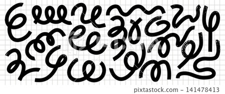 Thick brush squiggle collection with bold wavy doodle lines and curly grunge strokes. Rough abstract swirls in playful naive style. Funky marker elements for collages. Thick brush squiggle collection with bold wavy doodle lines and curly grunge strokes. Rough abstract swirls in playful naive style. Funky marker elements for collages. 141478413