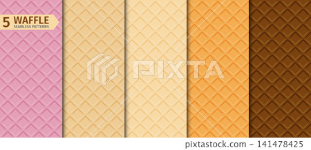 Waffle texture seamless pattern set. Pink strawberry, chocolate and cream wafer. Waffle texture seamless pattern set. Pink strawberry, chocolate and cream wafer. 141478425