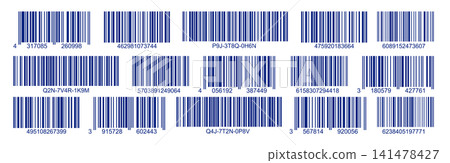 Blue bar code labels set with numbers. Collection of multiple horizontal barcodes for product identification, scanning and inventory tracking. Blue bar code labels set with numbers. Collection of multiple horizontal barcodes for product identification, scanning and inventory tracking. 141478427