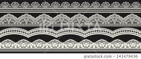 Seamless scallop lace border set. Elegant floral edge and vintage crochet pattern. Seamless scallop lace border set. Elegant floral edge and vintage crochet pattern. 141478436