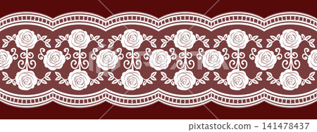 Seamless scallop lace border trim with vintage rose floral pattern. Dark elegant stripe with delicate crochet outline and decorative diamond detail. Seamless scallop lace border trim with vintage rose floral pattern. Dark elegant stripe with delicate crochet outline and decorative diamond detail. 141478437