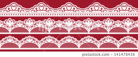 Seamless lace trim with ornate scallop border edge and vintage crochet pattern. Vector set for wedding invitation, textile design. Seamless lace trim with ornate scallop border edge and vintage crochet pattern. Vector set for wedding invitation, textile design. 141478438