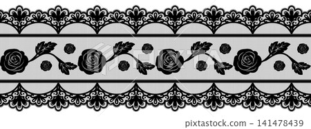 Seamless scallop lace border with vintage rose floral trim. Dark stripe with delicate crochet pattern and decorative diamond detail. Seamless scallop lace border with vintage rose floral trim. Dark stripe with delicate crochet pattern and decorative diamond detail. 141478439
