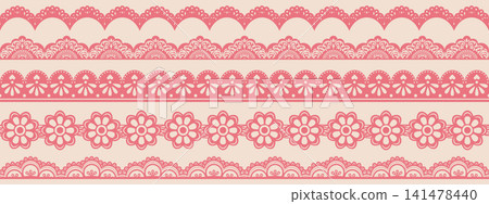 Seamless scallop lace border collection with delicate floral edge and ornate vintage trim. Elegant element for wedding ribbon and textile design. Seamless scallop lace border collection with delicate floral edge and ornate vintage trim. Elegant element for wedding ribbon and textile design. 141478440