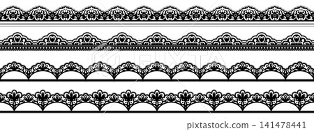 Seamless lace border collection with ornate scallop edge and delicate vintage floral trim. Elegant wavy crochet outline and decorative daisy detail. Seamless lace border collection with ornate scallop edge and delicate vintage floral trim. Elegant wavy crochet outline and decorative daisy detail. 141478441
