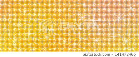 Sequin yellow tile background. Gold disco ball pattern. Mirror mosaic texture with sparkle and glow. Retro party bg. Sequin yellow tile background. Gold disco ball pattern. Mirror mosaic texture with sparkle and glow. Retro party bg. 141478460