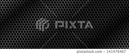 Honeycomb grid fiber bg. Dark hexagon texture with gradient. Seamless vector background. 141478467