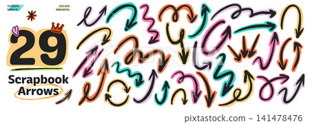 Scrapbook arrow stickers with torn paper edges and pencil texture. Hand drawn curved and straight pointers in retro collage style. Playful doodle set. Scrapbook arrow stickers with torn paper edges and pencil texture. Hand drawn curved and straight pointers in retro collage style. Playful doodle set. 141478476