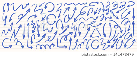 Doodle arrow set with crayon texture. Scribble style. Hand drawn vector pointers. Doodle arrow set with crayon texture. Scribble style. Hand drawn vector pointers. 141478479