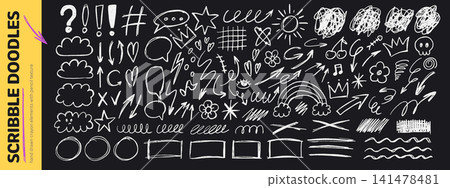 Hand drawn crayon doodle set with scribble arrows, circles and clouds. Rough chalk and pencil texture in playful retro style. Hand drawn crayon doodle set with scribble arrows, circles and clouds. Rough chalk and pencil texture in playful retro style. 141478481