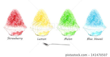 A set of 4 flavors of crispy, cold shaved ice served in a glass bowl. 141478507