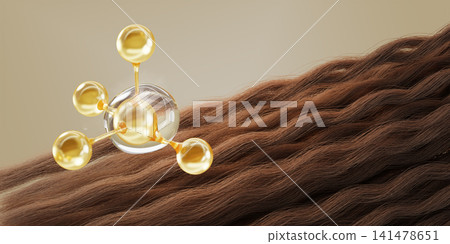 3d wavy brown hair with gold molecule bubble. Argan oil serum drop, botox or keratin treatment, curly girl method. Beauty salon, luxury haircare product or shampoo render ad banner. 3D illustration 141478651