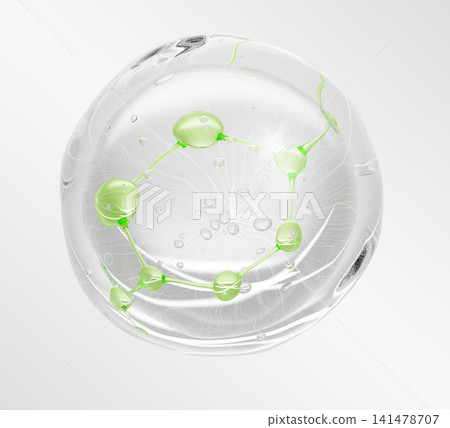 Transparent liquid sphere with green molecule 3d render icon. Bio cosmetic skin care ball drop, aloe gel, celery cream with hyaluronic acid, peptides, herbal shampoo, tea serum bubble. 3D illustration 141478707