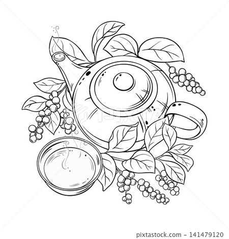 Schisandra Tea in Teapot Outline Illustration. Schisandra Tea in Teapot Outline Illustration. 141479120