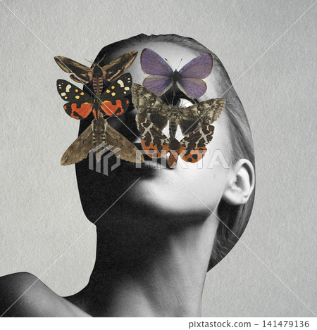 Woman's portrait with butterflies covering her eyes Woman's portrait with butterflies covering her eyes 141479136