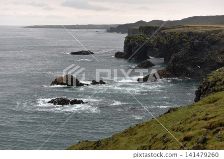 Volcanic sea stacks rising from the ocean near Arnarstapi cliffs, Iceland Volcanic sea stacks rising from the ocean near Arnarstapi cliffs, Iceland 141479260