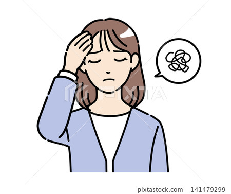 A color illustration of a young woman in office casual attire holding her head in worry. A color illustration of a young woman in office casual attire holding her head in worry. 141479299